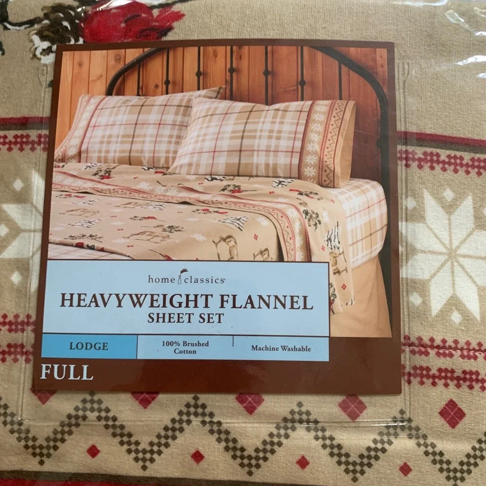Home Classics Heavyweight Flannel Sheet Set Full Lodge Deer Plaid Tan 100% Cotto